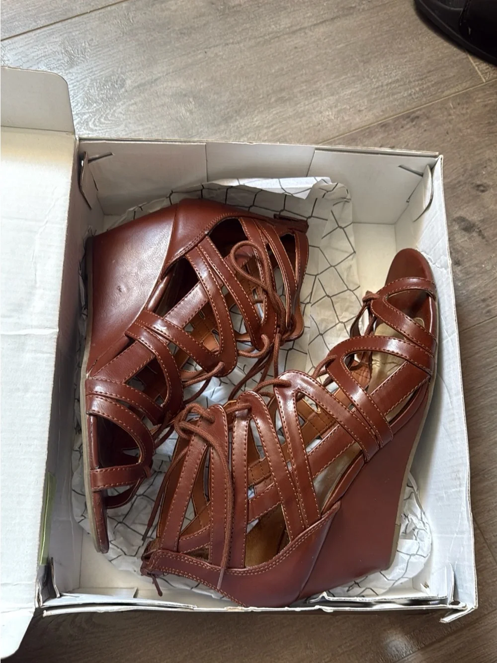 Material Girl Brown Lace-Up Wedge Sandals